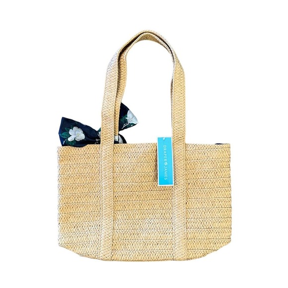 NWT Draper James Everyday Straw Tote Bag With Blue Floral Scarf Lined NEW - Picture 2 of 14